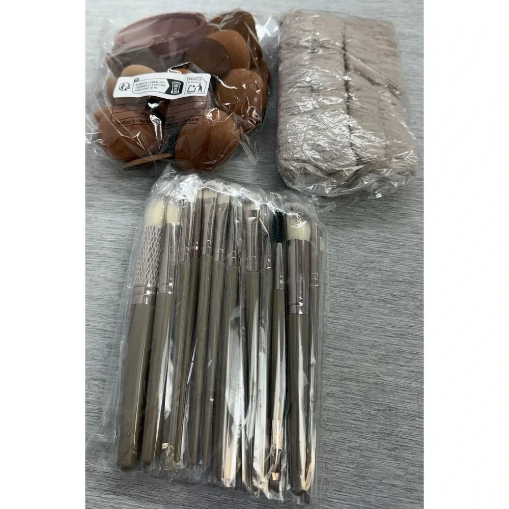 54pc Makeup Brush and Sponge Set‎ with Spa Headband Taupe Brown All in 1 Kit